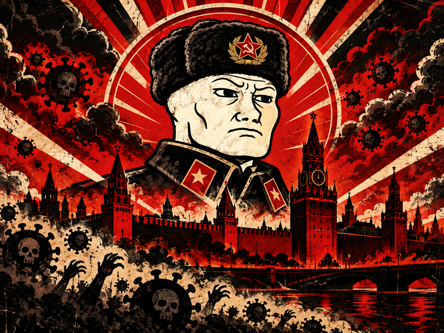 Propaganda portrait over city