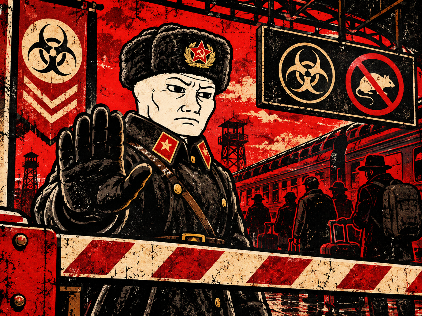 Illustrated checkpoint at a railway station